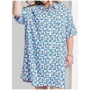 Ascot And Hart #doitagain Blue Checkered Hawaiian Floral Button Down Dress NWOT